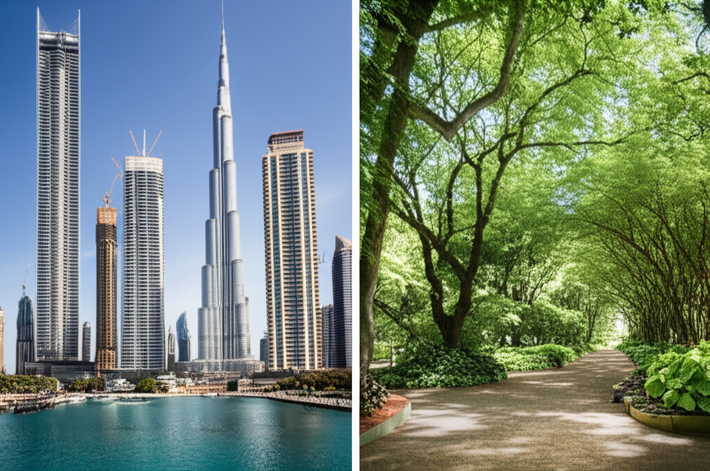 Split-scene comparison between Gulf luxury living and Argentine neighborhood life