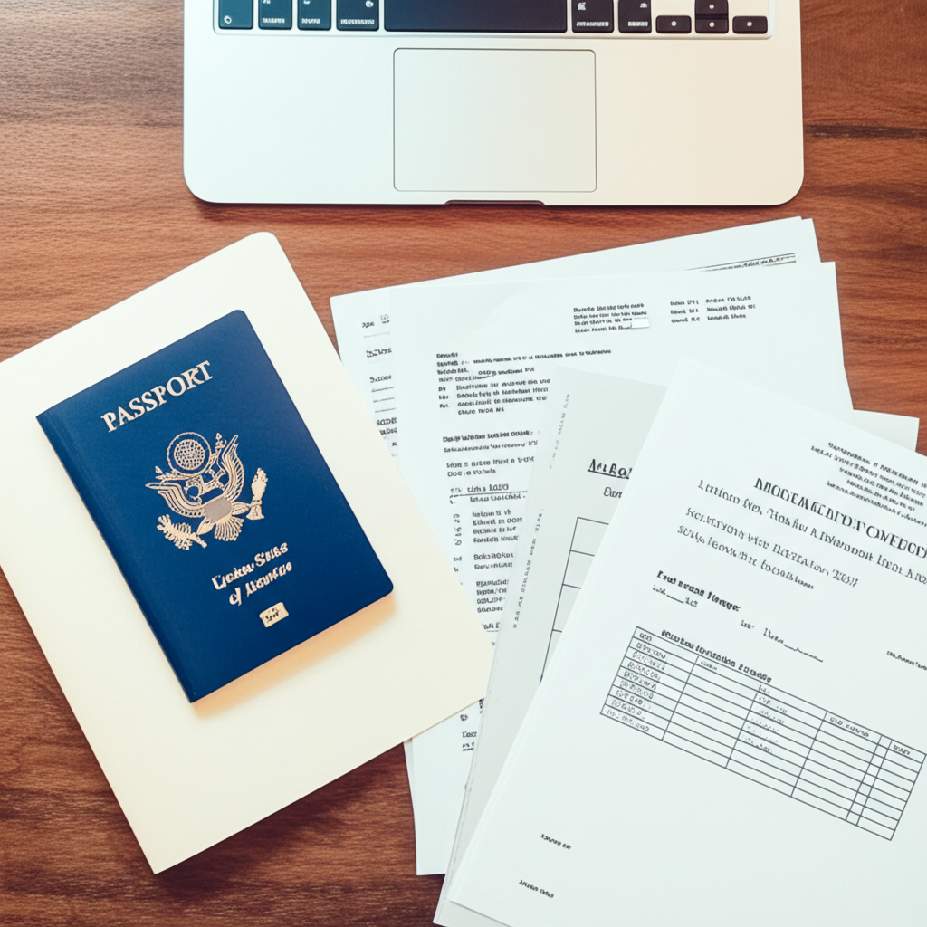 Documents, laptop, and passport arranged for cross-border move planning